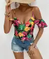 Kadın Askılı Omuzlardan Açık çiçek Baskılı Bluz