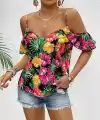Kadın Askılı Omuzlardan Açık çiçek Baskılı Bluz