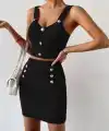 Kadın Askılı V Yakalı Düğmeli Kısa Krop Bluz Ve Etek Ikili Takım