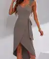 Kadın Askılı V Yakalı Kuş Gözü Detaylı Yandan Bağlamalı Midi Viskon Elbise