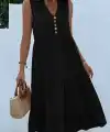 Kadın Askılı V Yakalı önden Düğmeli Midi Viskon Elbise