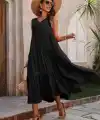 Kadın Askılı V Yakalı Uzun Dokuma Viskon Elbise