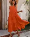 Kadın Askılı V Yakalı Uzun Dokuma Viskon Elbise