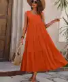 Kadın Askılı V Yakalı Uzun Dokuma Viskon Elbise