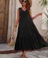Kadın Askılı V Yakalı Uzun Dokuma Viskon Elbise