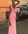 Kadın Askılı V Yakalı Uzun Triko Elbise