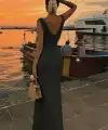 Kadın Askılı V Yakalı Uzun Triko Elbise