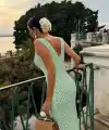 Kadın Askılı V Yakalı Uzun Triko Elbise