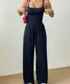 Kadın Askılı Yuvarlak Yaka Uzun Viskon Tulum