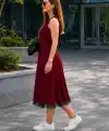 Kadın Askılı Yuvarlak Yakalı Etek Ucu Dantelli Midi Elbise