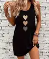 Kadın Askılı Yuvarlak Yakalı Kalp Baskılı Kısa Viskon Elbise