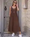 Kadın Askılı Yuvarlak Yakalı Yandan Yırtmaçlı Uzun Viskon Elbise