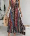 Kadın Beli Gipeli Etnik Desen Sıfır Kol Süprem Elbise
