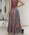 Kadın Beli Gipeli Etnik Desen Sıfır Kol Süprem Elbise