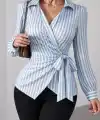 Kadın çizgili Kruvaze Bağlamalı Gömlek