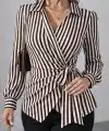 Kadın çizgili Kruvaze Bağlamalı Gömlek