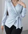 Kadın çizgili Kruvaze Bağlamalı Gömlek