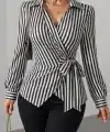 Kadın çizgili Kruvaze Bağlamalı Gömlek
