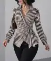 Kadın çizgili Kruvaze Bağlamalı Gömlek