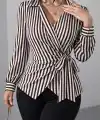 Kadın çizgili Kruvaze Bağlamalı Gömlek