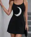 Kadın Ip Askılı Ay Desenli Viskon Elbise