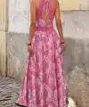 Kadın Ip Askılı Beli Ve Sırtı Dantelli Leopar Desenli Uzun Süprem Elbise