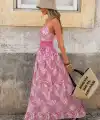 Kadın Ip Askılı Beli Ve Sırtı Dantelli Leopar Desenli Uzun Süprem Elbise