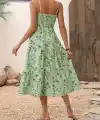 Kadın Ip Askılı Geniş V Yakalı Desenli Uzun Süprem Elbise