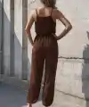 Kadın Ip Askılı Kruvaze Yakalı Belden Kuşaklı Uzun Sandy Tulum