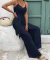 Kadın Ip Askılı V Yakalı Belden Kuşaklı Uzun Aerobin Tulum