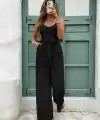 Kadın Ip Askılı V Yakalı Belden Kuşaklı Uzun Aerobin Tulum