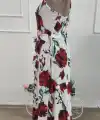 Kadın Ip Askılı V Yakalı Belden Kuşaklı Uzun Desenli Süprem Elbise