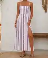 Kadın Ip Askılı Yırtmaçlı Desenli Uzun Süprem Elbise