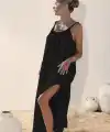 Kadın Ip Askılı Yuvarlak Yaka Yırtmaçlı Uzun Müslim Elbise