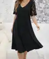 Kadın Kısa Dantel Kollu V Yakalı Midi Viskon Elbise