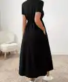 Kadın Kısa Kollu Bisiklet Yaka Belden Bağlamalı Maksi Boy Viskon Elbise