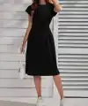 Kadın Kısa Kollu Bisiklet Yaka Belden Lastikli Midi Viskon Elbise