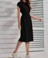 Kadın Kısa Kollu Bisiklet Yaka Belden Lastikli Midi Viskon Elbise