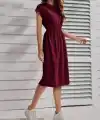 Kadın Kısa Kollu Bisiklet Yaka Belden Lastikli Midi Viskon Elbise