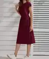 Kadın Kısa Kollu Bisiklet Yaka Belden Lastikli Midi Viskon Elbise