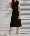 Kadın Kısa Kollu Bisiklet Yaka Belden Lastikli Midi Viskon Elbise