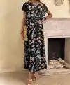 Kadın Kısa Kollu Bisiklet Yaka çiçek Desenli Uzun Süprem Elbise