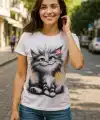 Kadın Kısa Kollu Bisiklet Yaka Kedi Baskılı Süprem Bluz