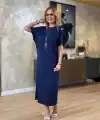 Kadın Kısa Kollu Bisiklet Yaka Omuzdan Düğmeli Uzun Viskon Iki Iplik Elbise