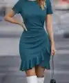 Kadın Kısa Kollu Bisiklet Yaka önden Volanlı Ithal Krep Elbise