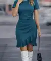 Kadın Kısa Kollu Bisiklet Yaka önden Volanlı Ithal Krep Elbise