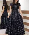 Kadın Kısa Kollu Bisiklet Yaka Puantiyeli Maksi örme Krep Elbise
