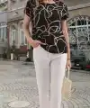 Kadın Kısa Kollu Bisiklet Yaka Süprem Desenli Bluz