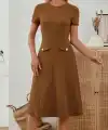 Kadın Kısa Kollu Bisiklet Yakalı Cep Detaylı Midi Ithal Krep Elbise