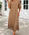 Kadın Kısa Kollu Bisiklet Yakalı Püskül Zikzak şekilli Midi Viskon Elbise